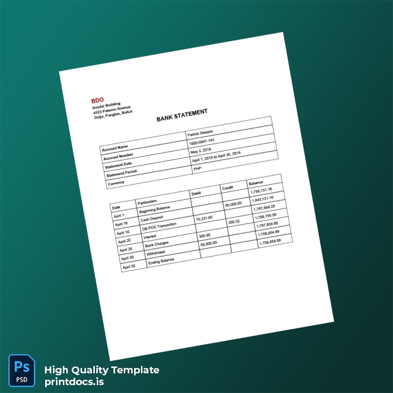 Philippines BDO Bank Statement Template in Word and PDF formats page 3
