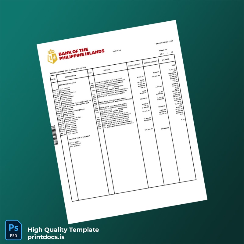 Philippines Bank Of The Philippine Islands Bank Statement Template in Word and PDF formats page 3