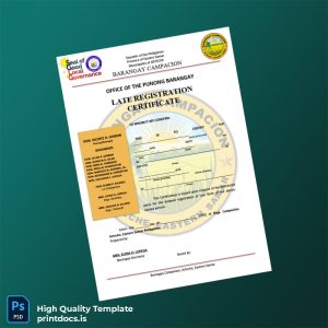 Printable Philippines Barangay Campacion Late Registration Certificate Template (Word & PDF) Image Preview