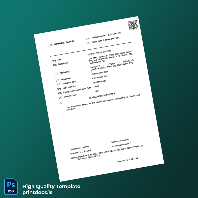 Printable Philippines Bureau of Patents Certificate of Registration Template in Word and PDF formats page 3 Image Preview