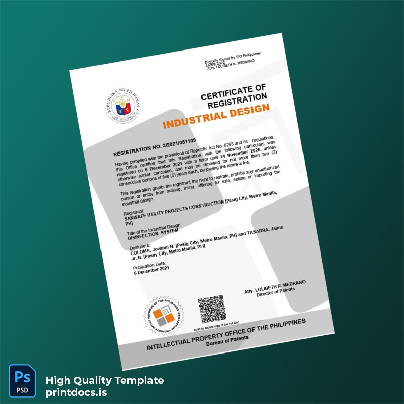 Printable Philippines Bureau of Patents Certificate of Registration Template (Word & PDF) Image Preview