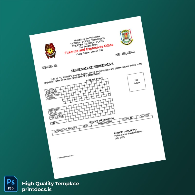 Printable Philippines Firearms and Explosives Office Airgun Registration Certificate Template in Word and PDF formats page 2 Image Preview