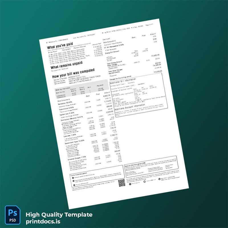 Philippines Meralco Editable Electricity Bill Template in Word and PDF formats page 2