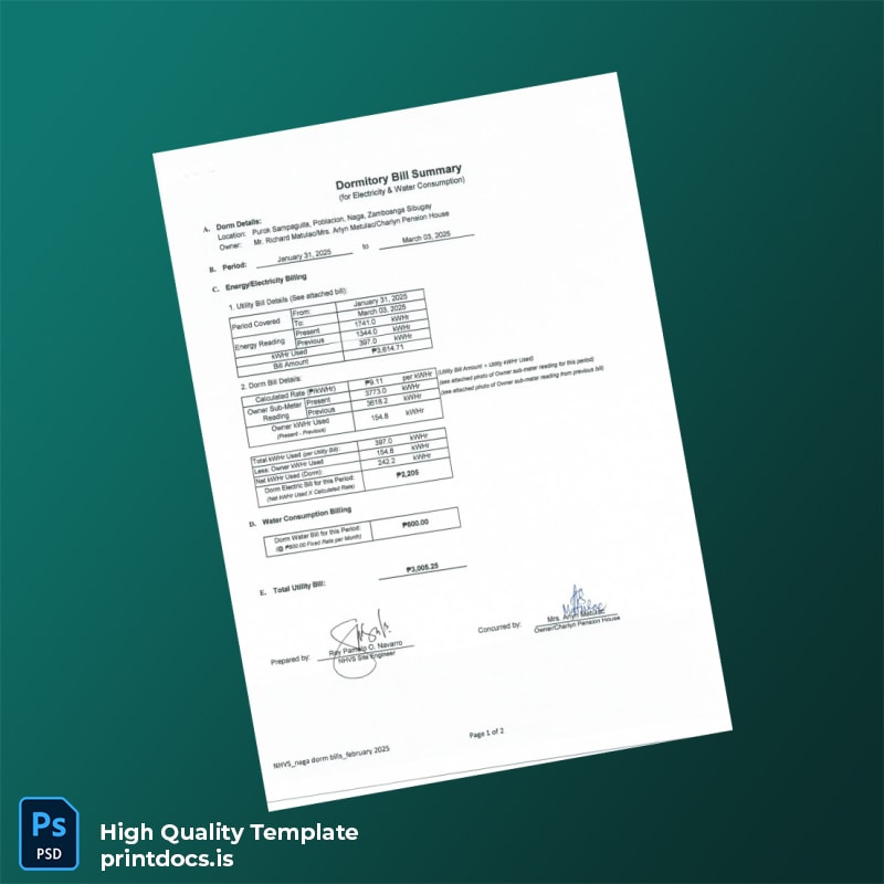 Philippines NHVS Site Engineer Editable Utility Bill Template in Word and PDF formats