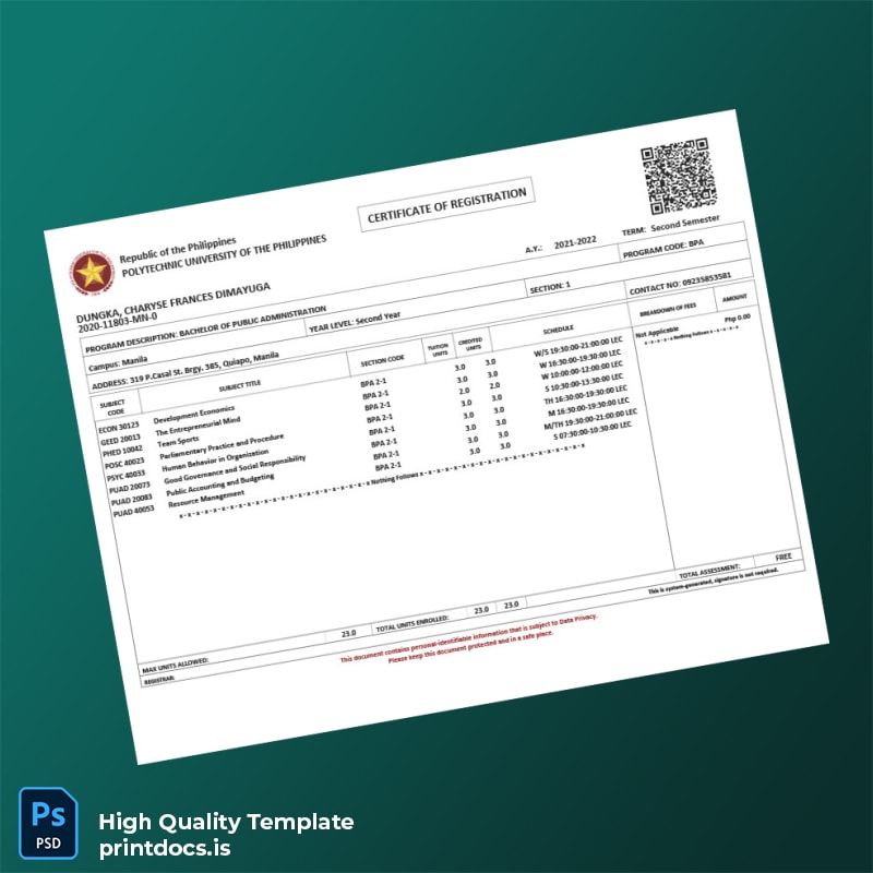 Printable Philippines Polytechnic University Registration Certificate Template (Word & PDF) Image Preview