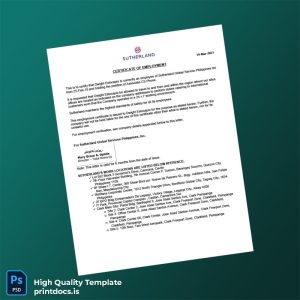 Printable Philippines Sutherland Global Services Employment Verification Letter Template (Word & PDF) Image Preview - PrintDocs