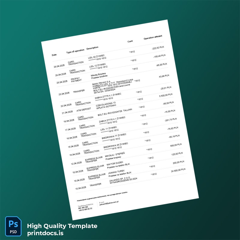 Poland Bank Pekao S A Bank Statement Template in Word and PDF formats page 2