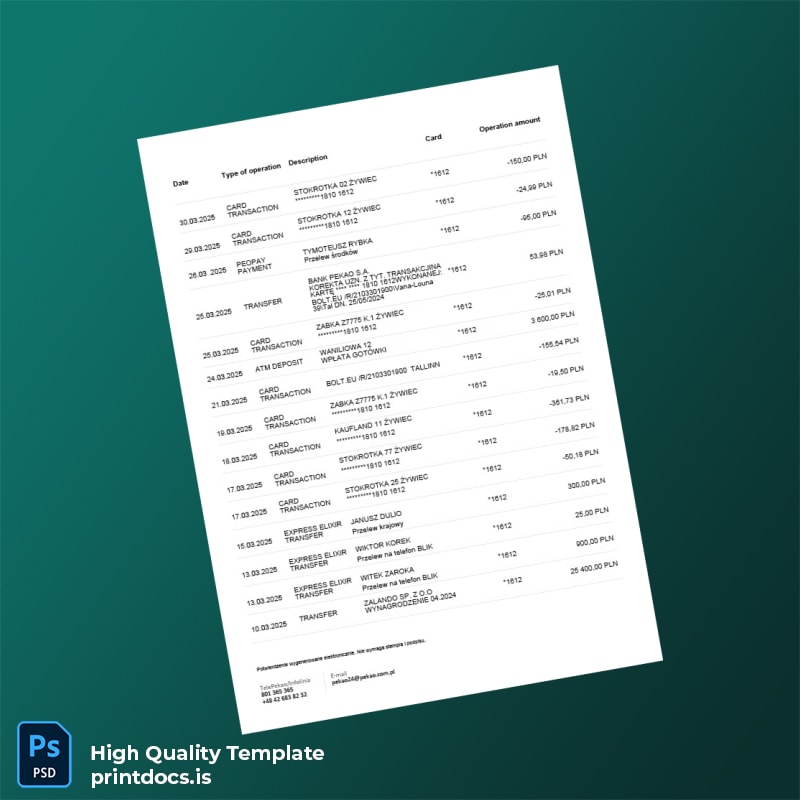 Poland Bank Pekao S A Bank Statement Template in Word and PDF formats page 3
