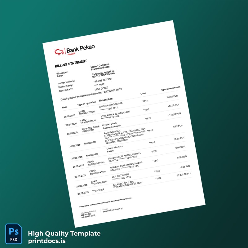 Poland Bank Pekao S A Bank Statement Template in Word and PDF formats