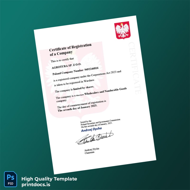 Printable Poland Securities and Investments Commission Business Registration Certificate Template (Word & PDF) Image Preview - PrintDocs