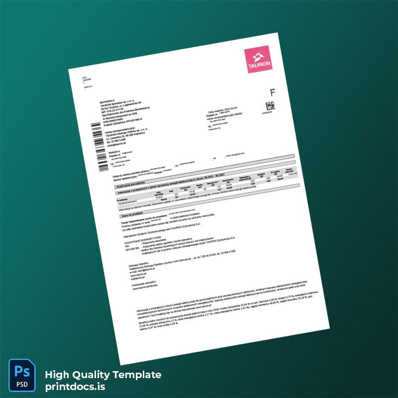 Poland TAURON Obs Uga Klienta Sp Z O O Editable Utility Bill Template in Word and PDF formats