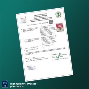 Printable Punjab Food Safety and Standards Authority Registration Certificate Template (Word & PDF) Image Preview - PrintDocs