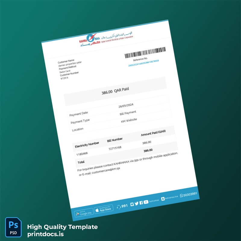 Qatar KAHRAMAA Editable Utility Bill Template in Word and PDF formats