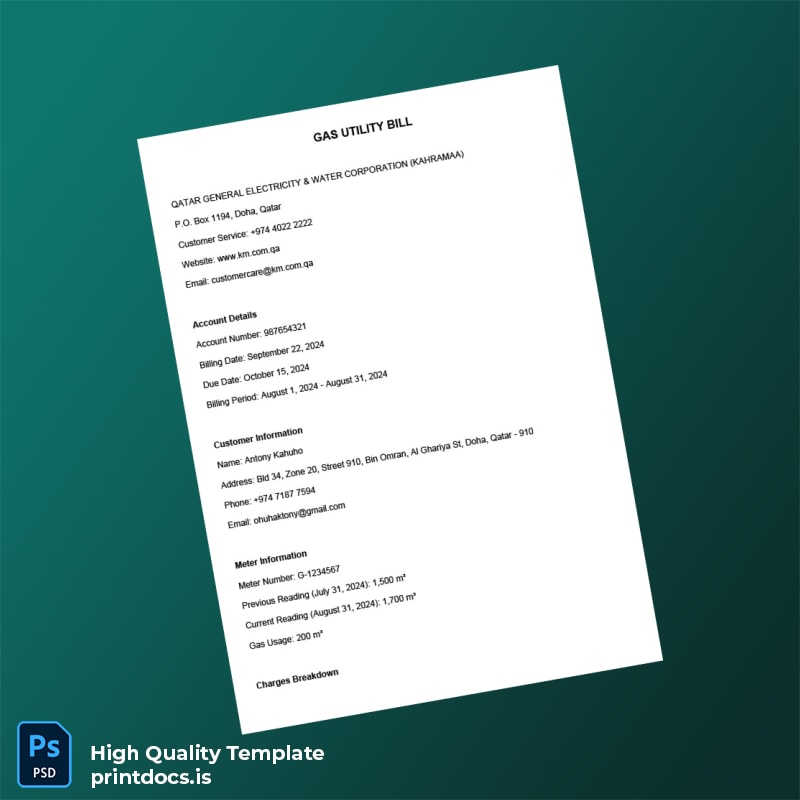Qatar Qatar General Electricity Water Corporation Kahramaa Editable Gas Bill Template in Word and PDF formats