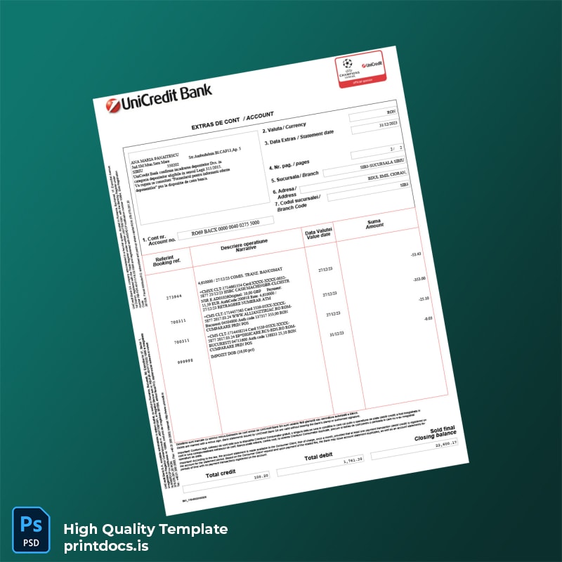 Romania UniCredit Bank Monthly Statement Template in Word and PDF formats page 2
