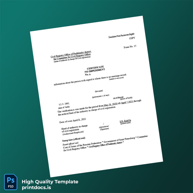 Printable Russia Civil Registry Office Certificate of No Impediment Template (Word & PDF) Image Preview - PrintDocs