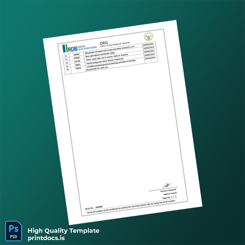 Printable Rwanda Office of the Registrar General Registration Certificate Template in Word and PDF formats page 2 Image Preview - PrintDocs