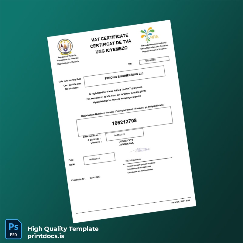 Printable Rwanda Rwanda Revenue Authority VAT Registration Certificate Template (Word & PDF) Image Preview - PrintDocs