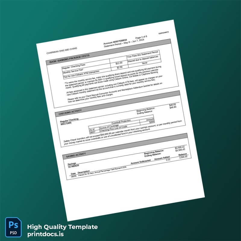 Singapore Citibank Account Statement Template in Word and PDF formats page 2
