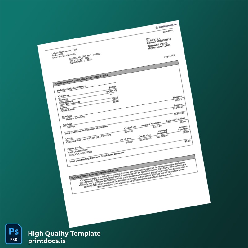Singapore Citibank Account Statement Template in Word and PDF formats