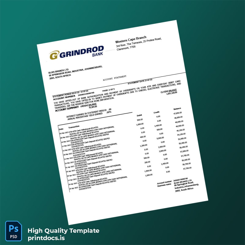 South Africa Bank Grindord Statement Template in Word and PDF formats page 2