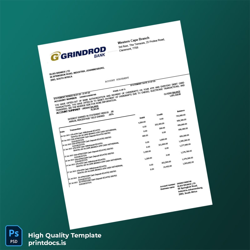 South Africa Bank Grindord Statement Template in Word and PDF formats page 4