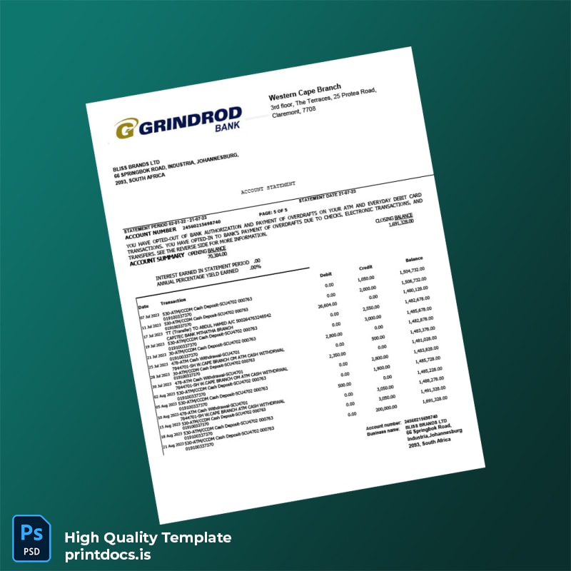 South Africa Bank Grindord Statement Template in Word and PDF formats page 5