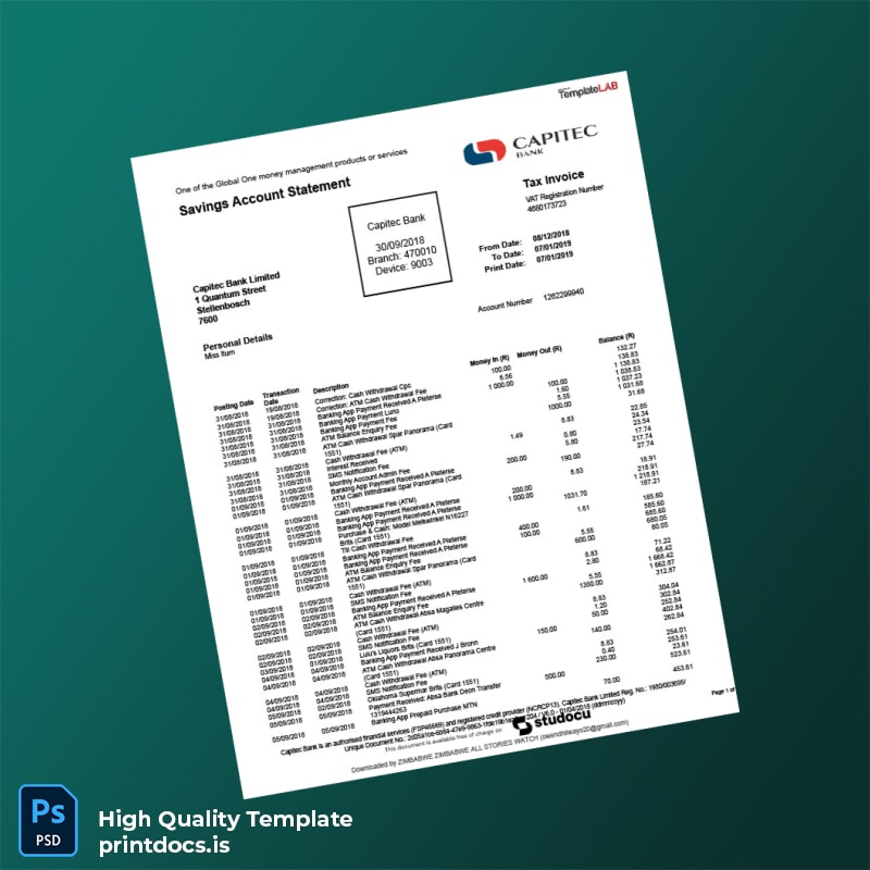 South Africa Capitec Bank Statement Template in Word and PDF formats page 2