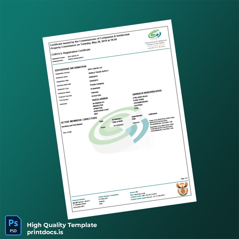 Printable South Africa Commissioner of Companies Registration Certificate Template (Word & PDF) Image Preview - PrintDocs