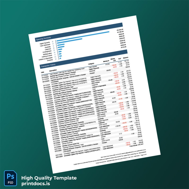 South Africa Crestina Bank Statement Template in Word and PDF formats page 2