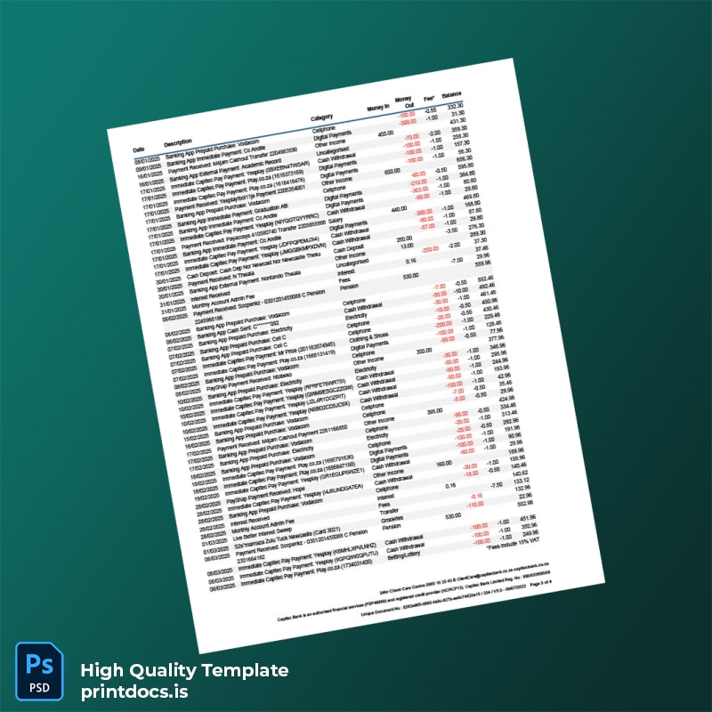 South Africa Crestina Bank Statement Template in Word and PDF formats page 3