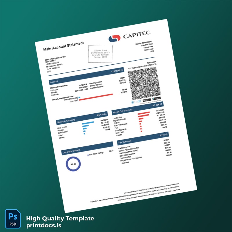 South Africa Crestina Bank Statement Template in Word and PDF formats