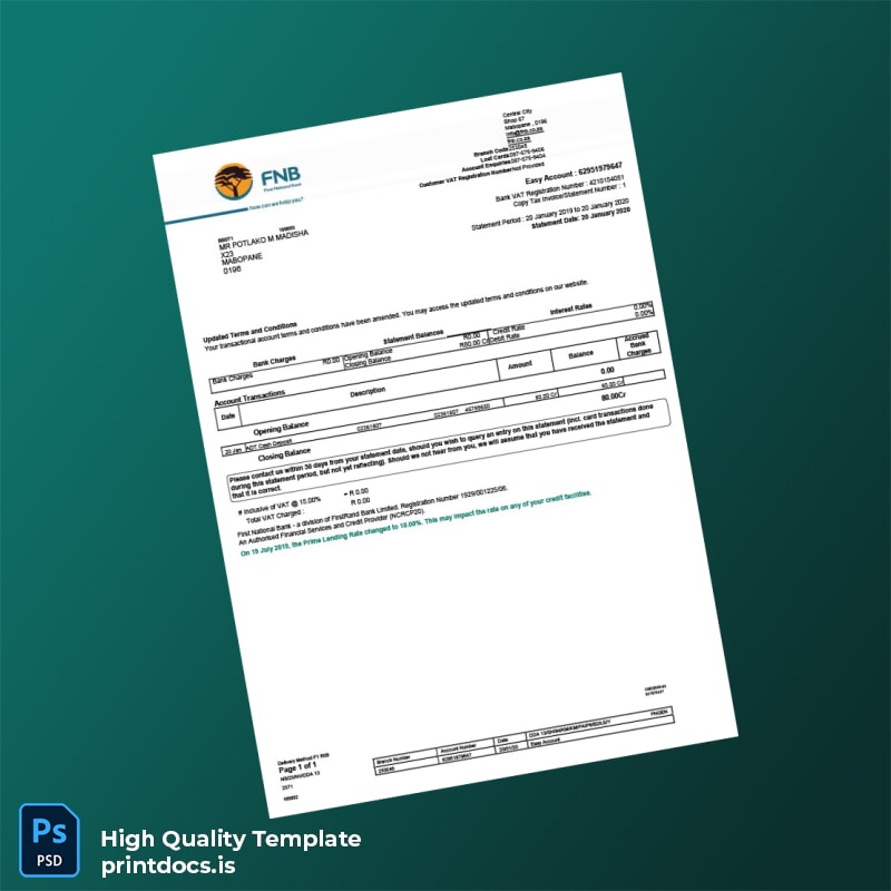 South Africa First National Bank Account Statement Template in Word and PDF formats