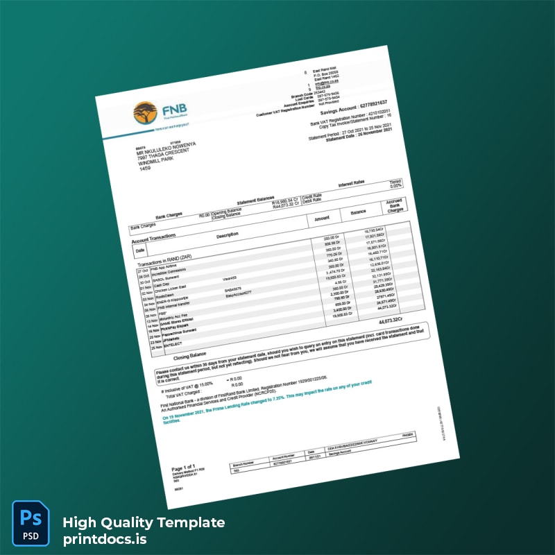 South Africa First National Bank Statement Template in Word and PDF formats
