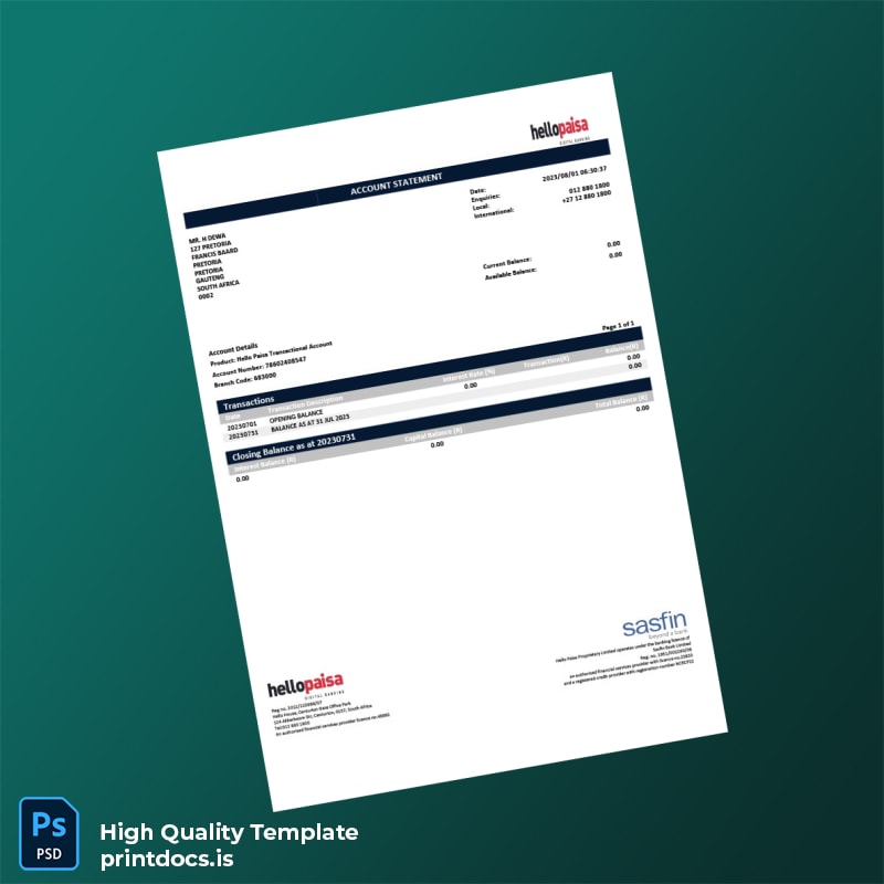 South Africa Hello Paisa Bank Statement Template in Word and PDF formats