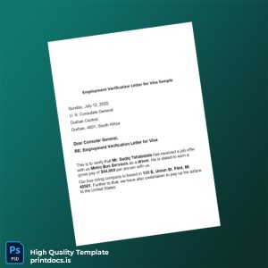 Printable South Africa Metro Bus Services Employment Verification Letter Template (Word & PDF) Image Preview - PrintDocs