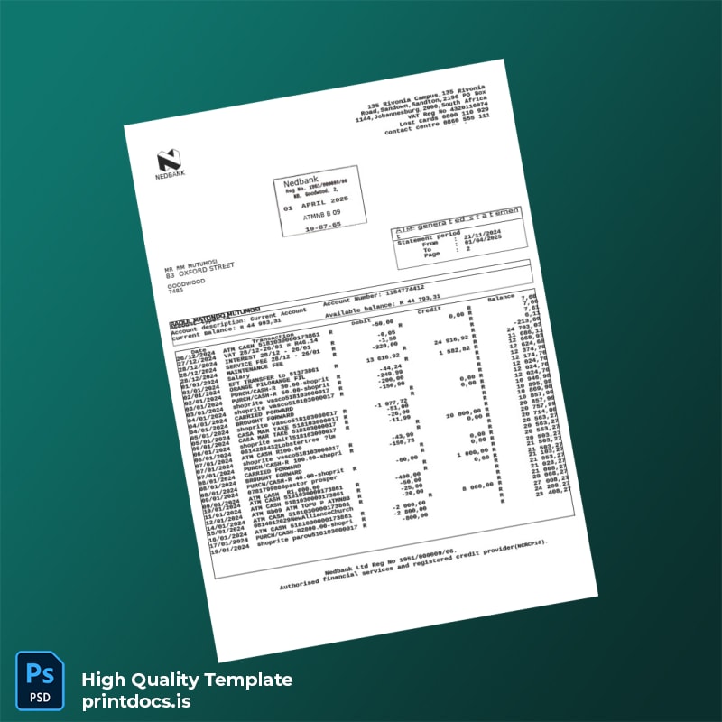 South Africa Nedbank Bank Statement Template in Word and PDF formats page 2