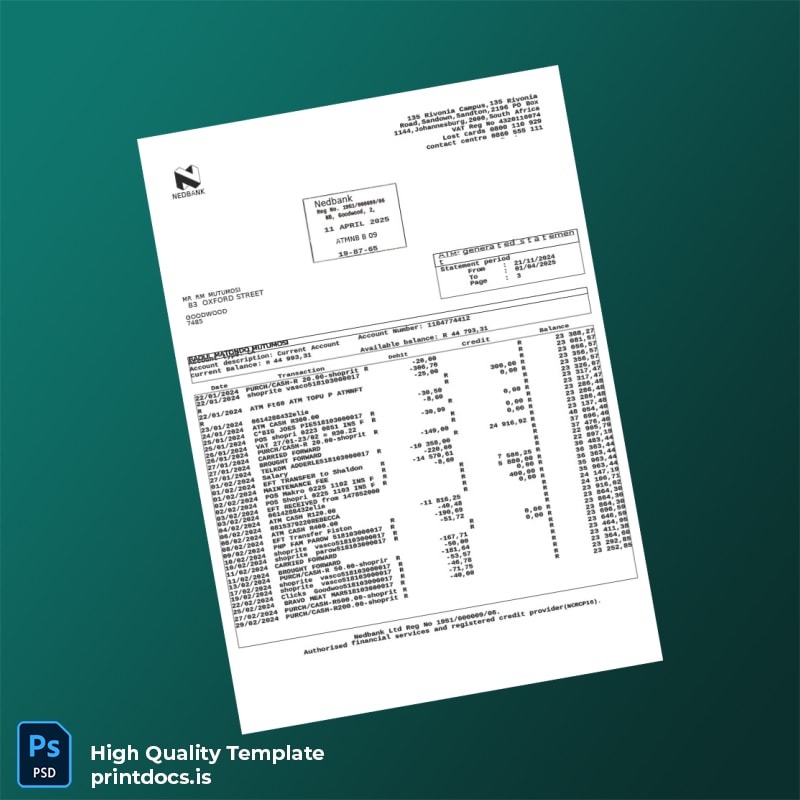 South Africa Nedbank Bank Statement Template in Word and PDF formats page 3