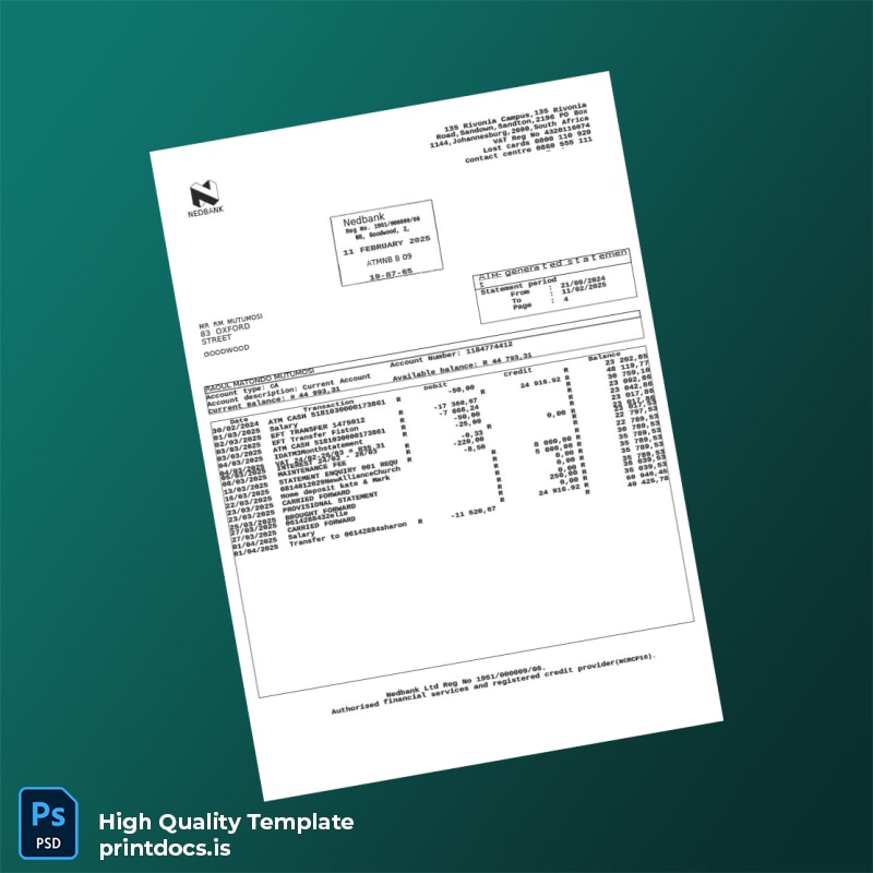 South Africa Nedbank Bank Statement Template in Word and PDF formats page 4