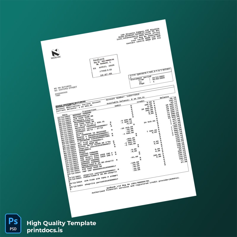 South Africa Nedbank Bank Statement Template in Word and PDF formats