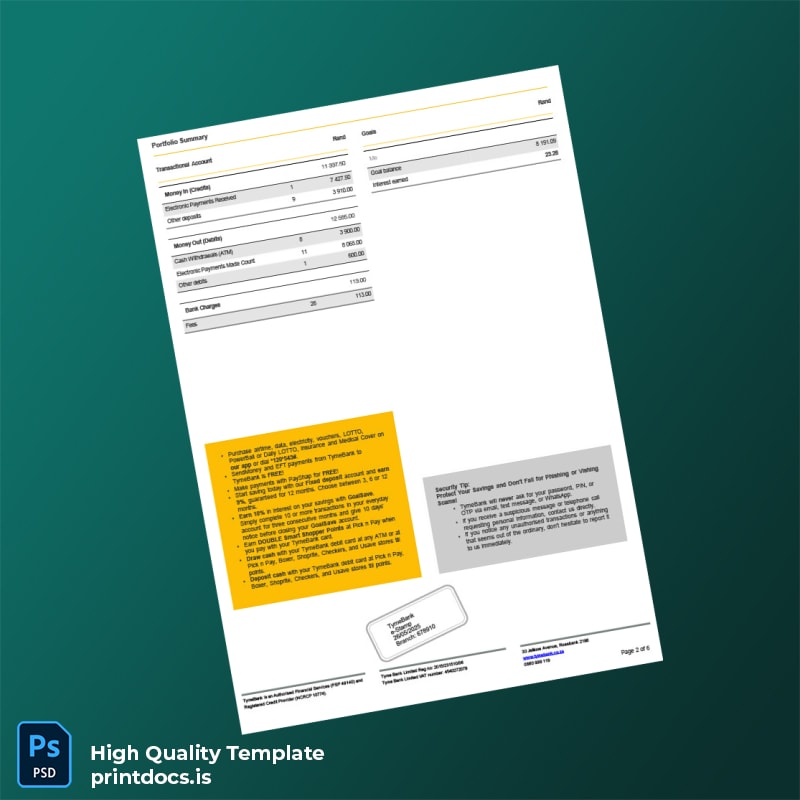 South Africa TymeBank Bank Statement Template in Word and PDF formats page 2