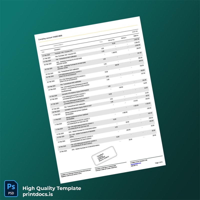 South Africa TymeBank Bank Statement Template in Word and PDF formats page 3