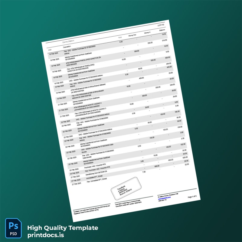 South Africa TymeBank Bank Statement Template in Word and PDF formats page 4