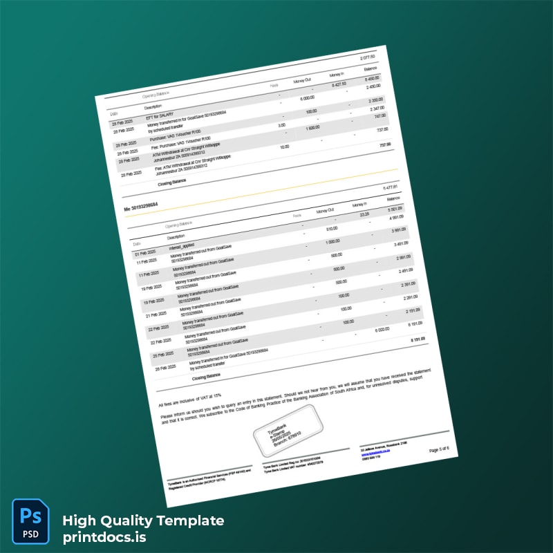 South Africa TymeBank Bank Statement Template in Word and PDF formats page 5