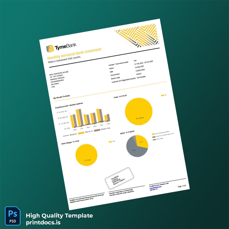 South Africa TymeBank Bank Statement Template in Word and PDF formats