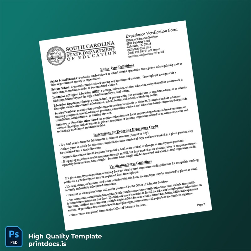 Printable South Carolina Experience Verification Form Template in Word and PDF formats page 2 Image Preview - PrintDocs