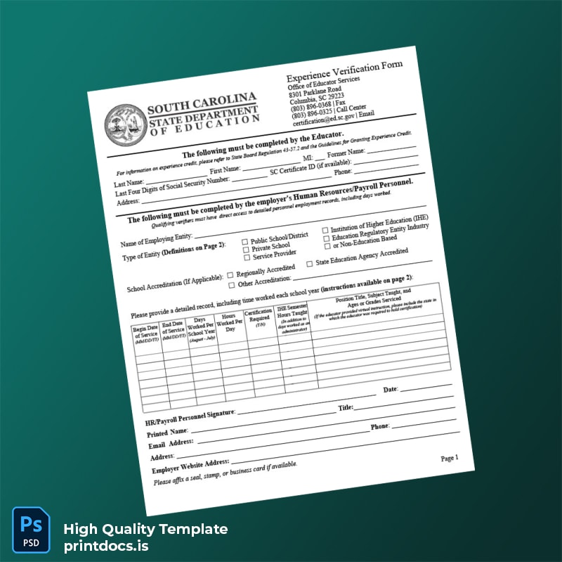 Printable South Carolina Experience Verification Form Template (Word & PDF) Image Preview - PrintDocs