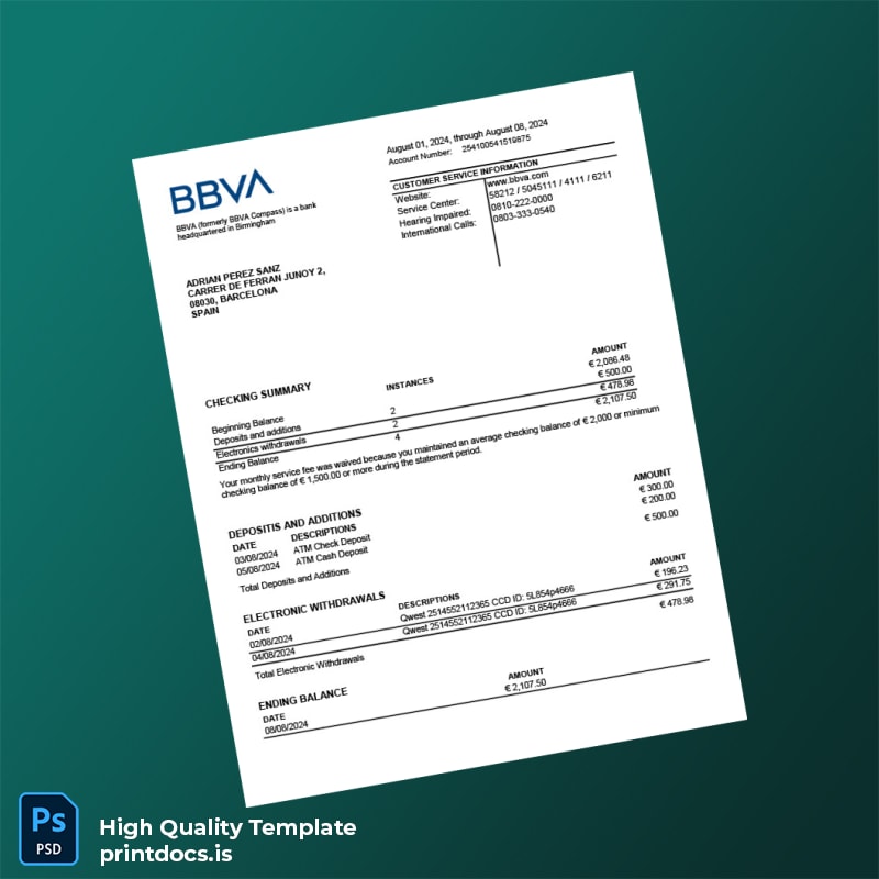 Spain BBVA Bank Statement Template in Word and PDF formats