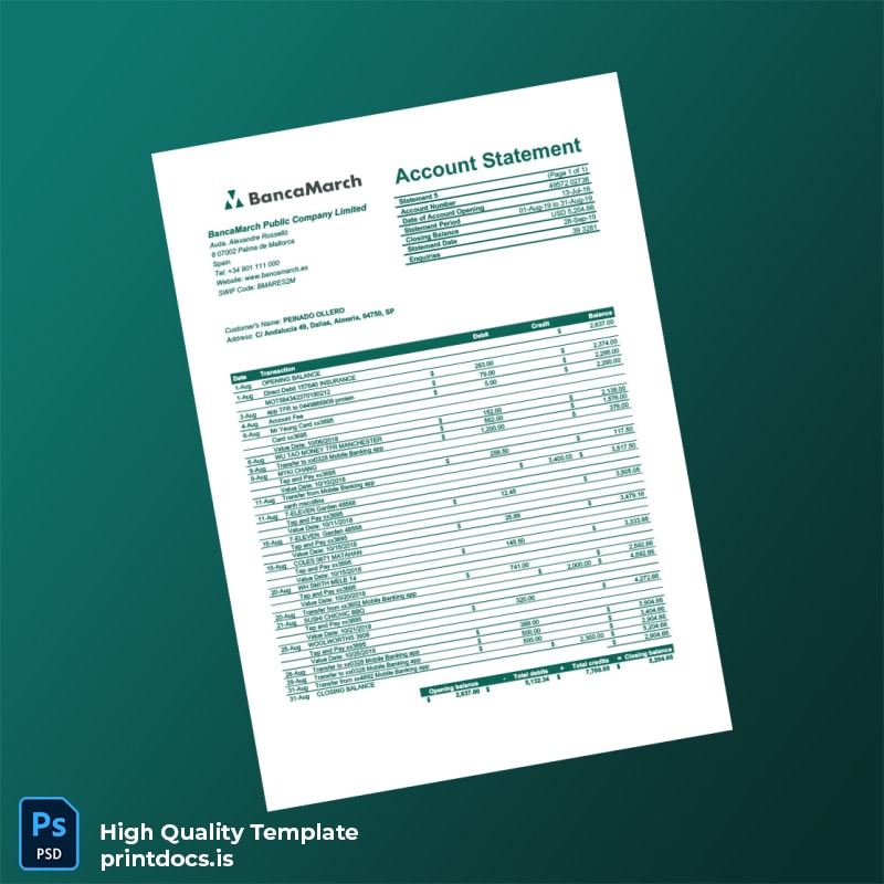 Spain Banc March Bank Account Statement Template in Word and PDF formats