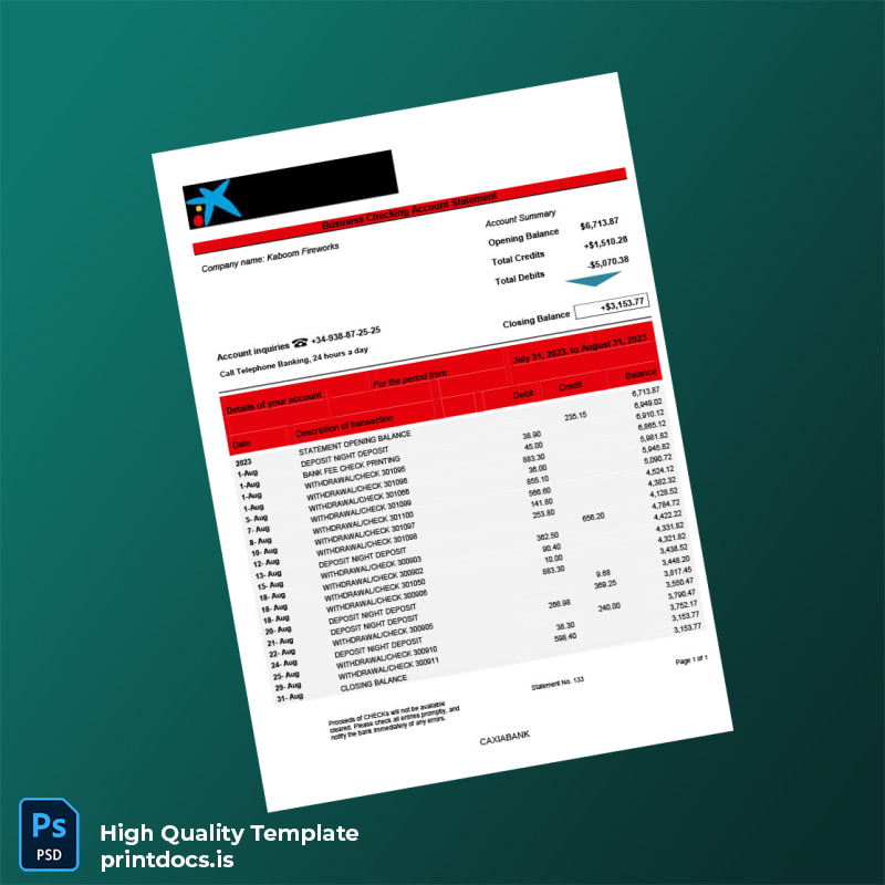 Spain CAIXABANK Company Bank Statement Template in Word and PDF formats